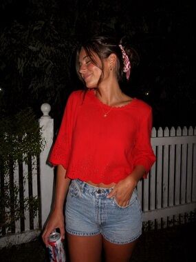 LOFT Red Linen Eyelet Embroidered Top | Scalloped Hem Boho Summer Blouse | M